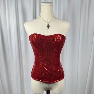 Confidential Society Red Sequin Lace Up Corset Top Strapless Side Zip Small